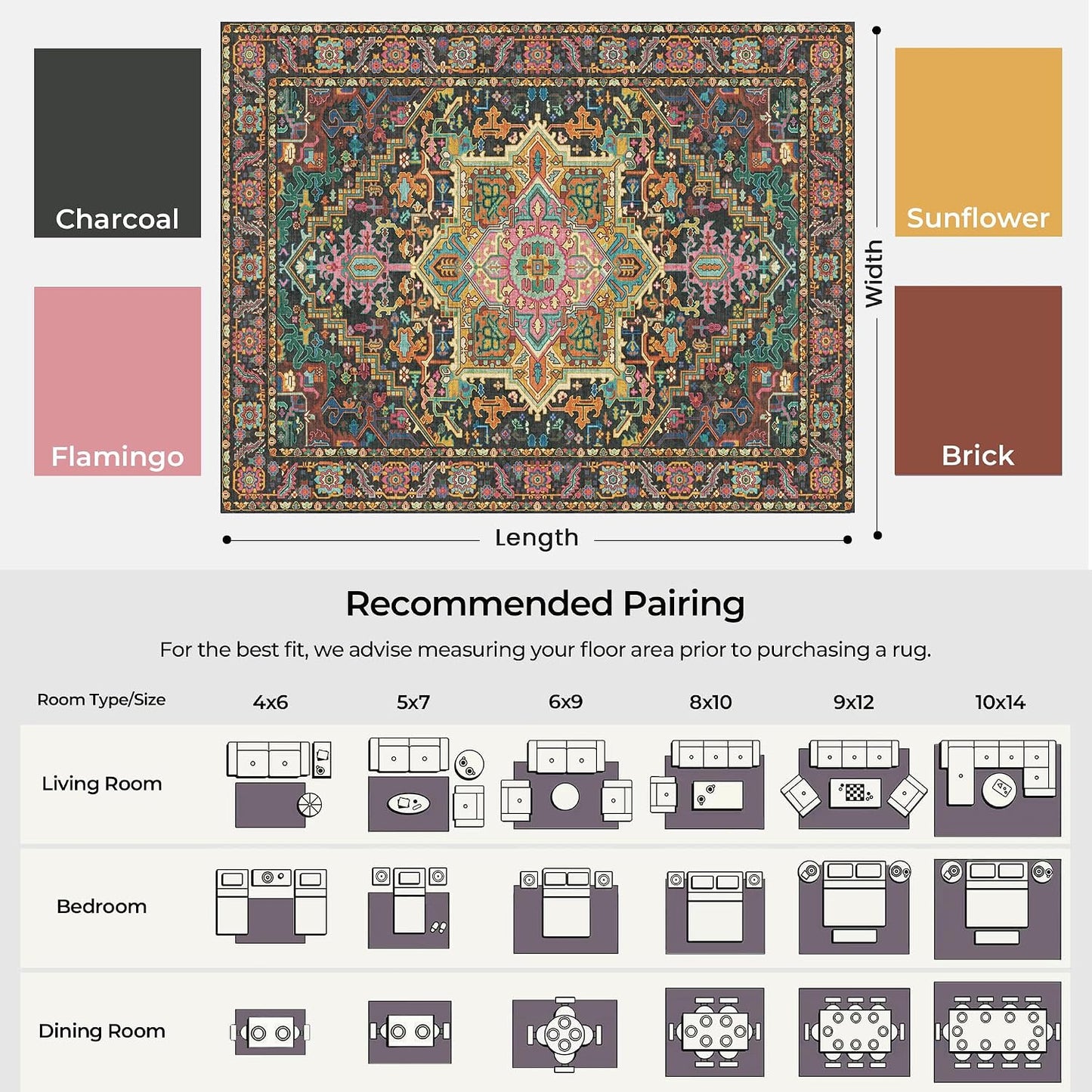 Alfombra lavable negro rosa 10x14pulg diseño vintage antideslizante