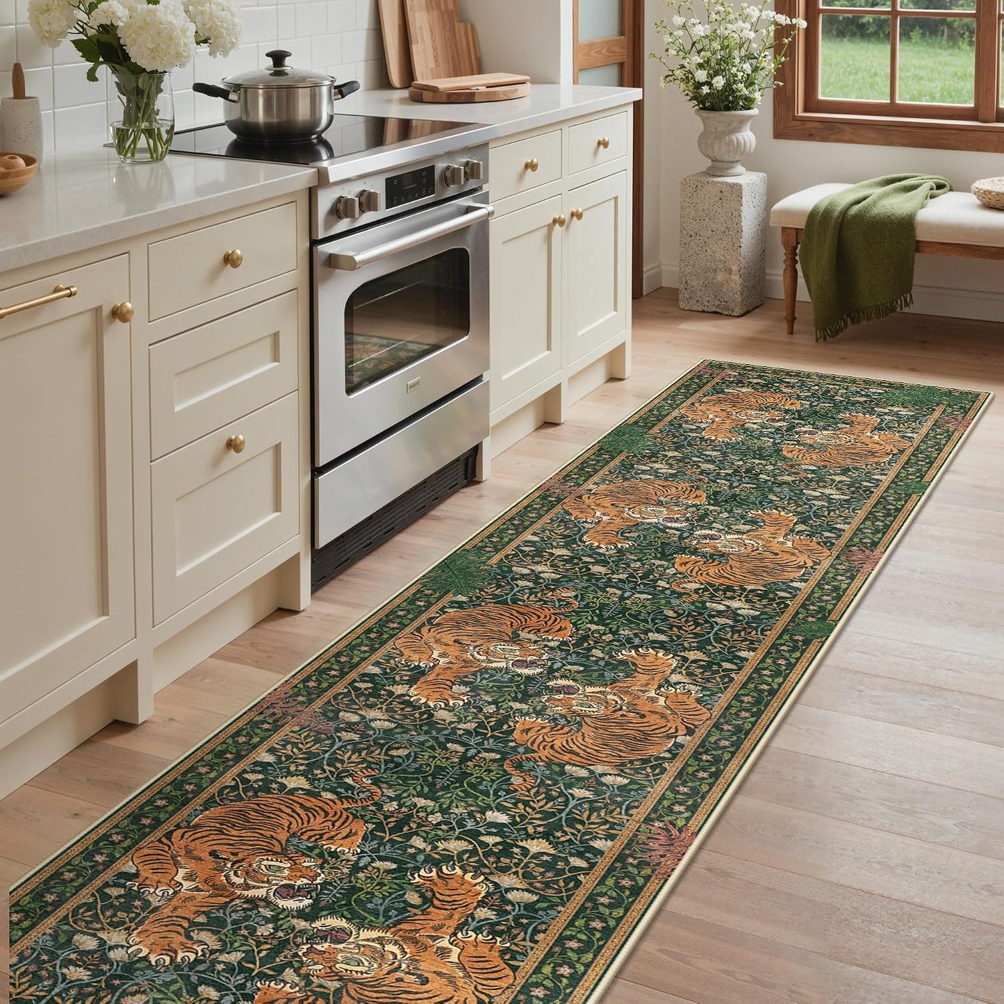 Alfombra lavable pasillo 2x10ft antideslizante estilo bohemio verde