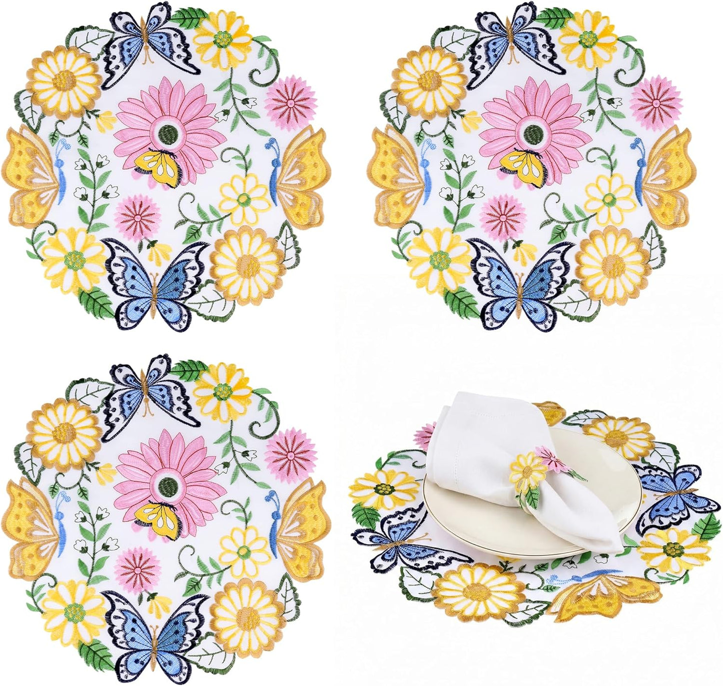 Manteles individuales redondos bordados florales de primavera