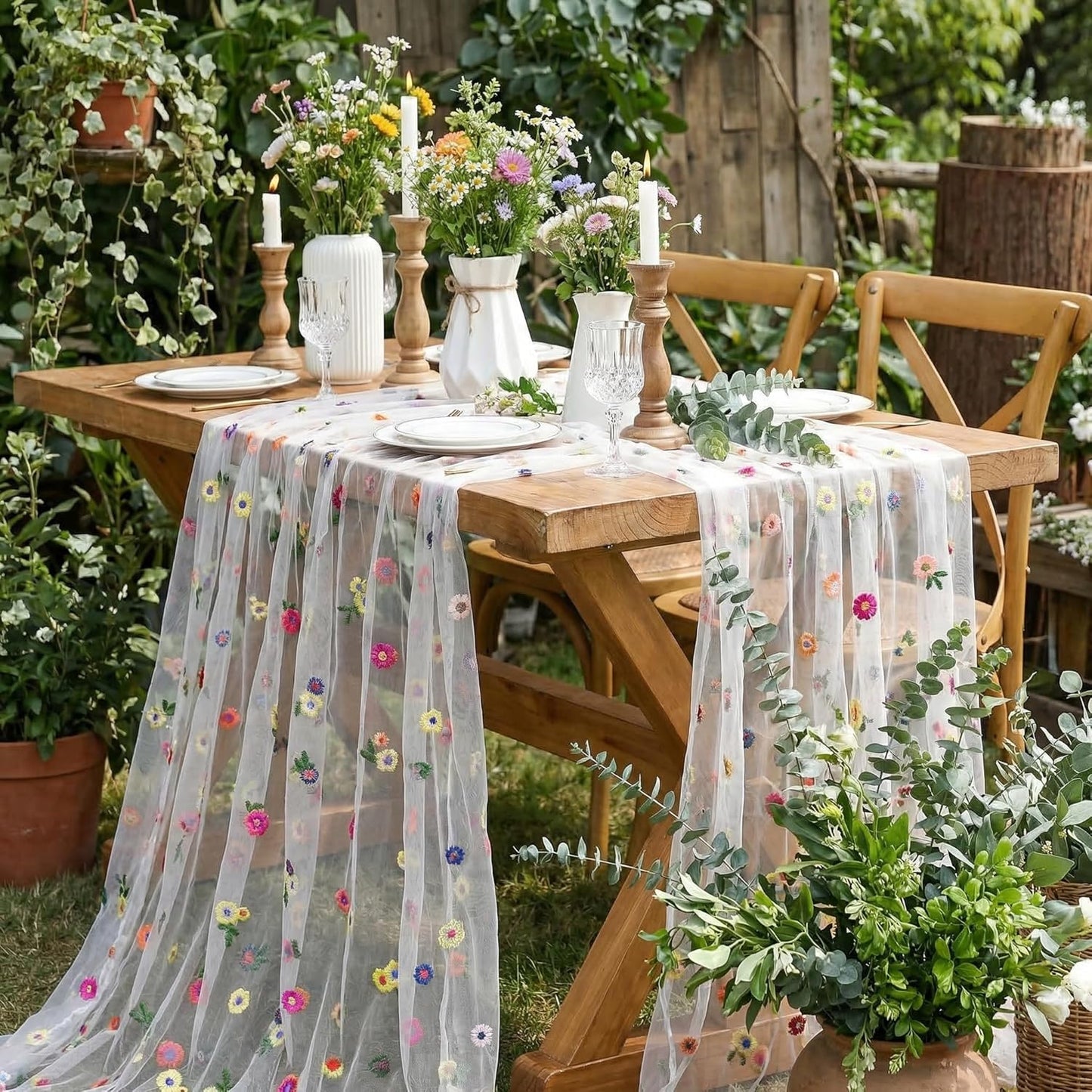 Camino de mesa floral blanco bohemio de 10 pies gasa bordada para decoracion