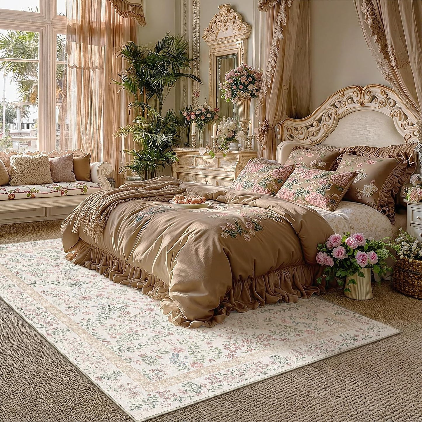Alfombra área floral rosa 8x10ft sala suave antideslizante