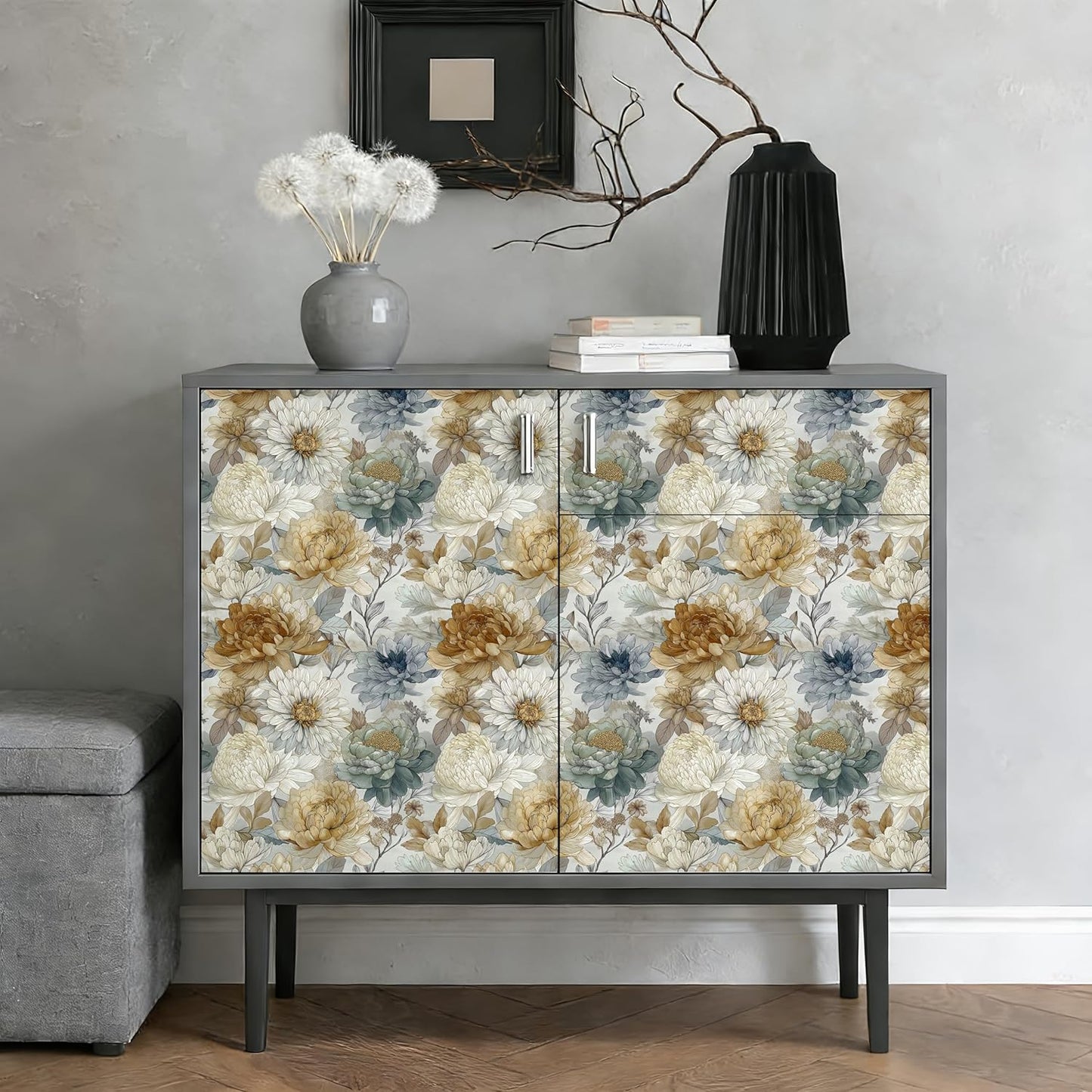 Papel tapiz vintage peonía crema gris azul 17.7x118pulg vinilo