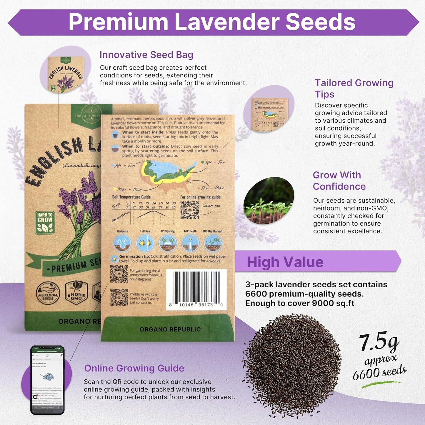 Paquete 3 Semillas Lavanda Inglesa 7.5g Reliquia Sin OMG