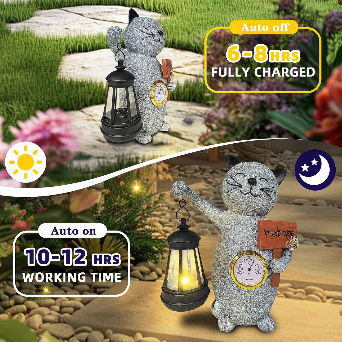Estatuas solares gato jardín termómetro linterna decoración