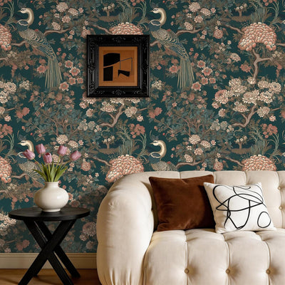 Papel tapiz verde oscuro floral vintage para gabinetes