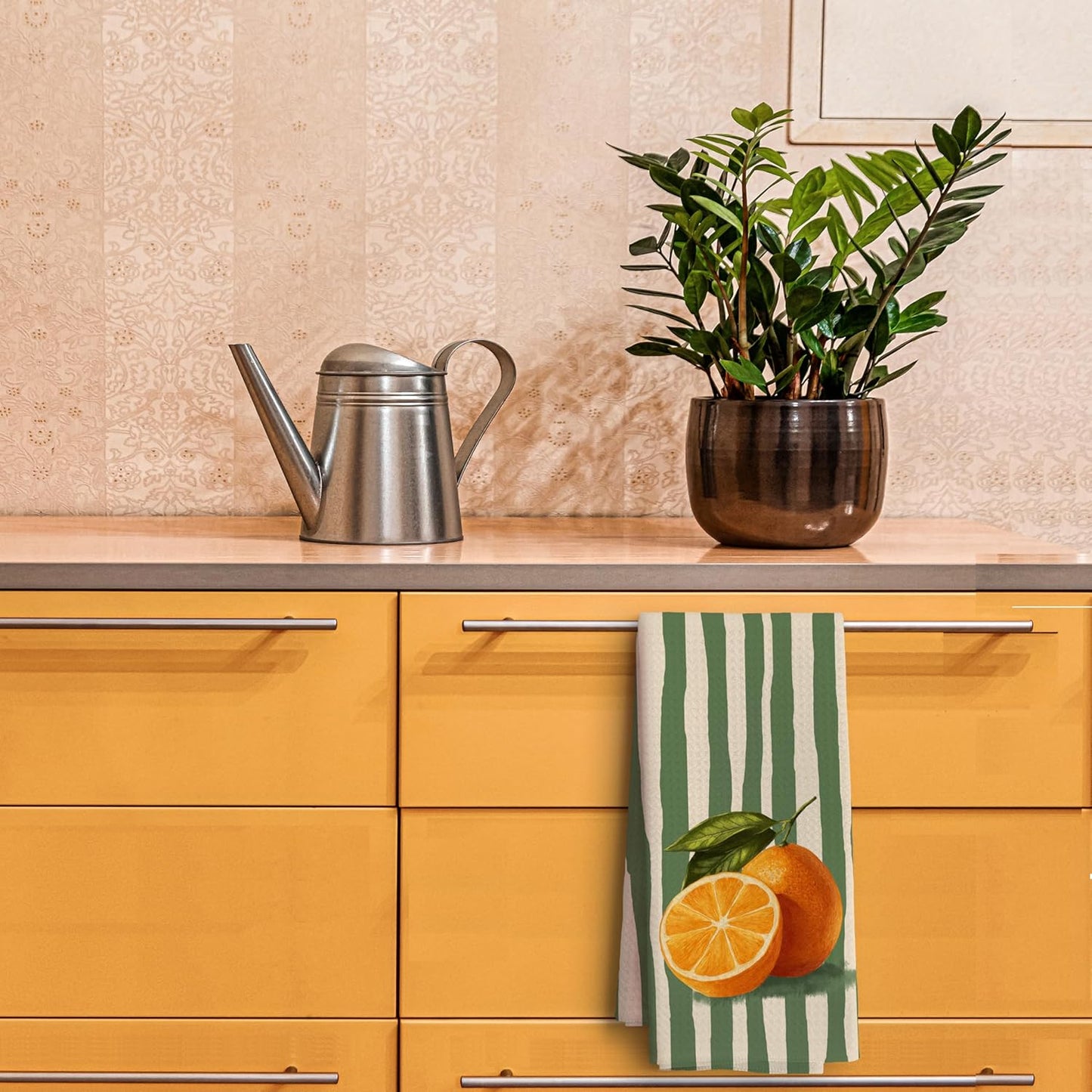 Toallas de cocina decorativas naranjas y verdes con rayas 16 x 24 pulgadas