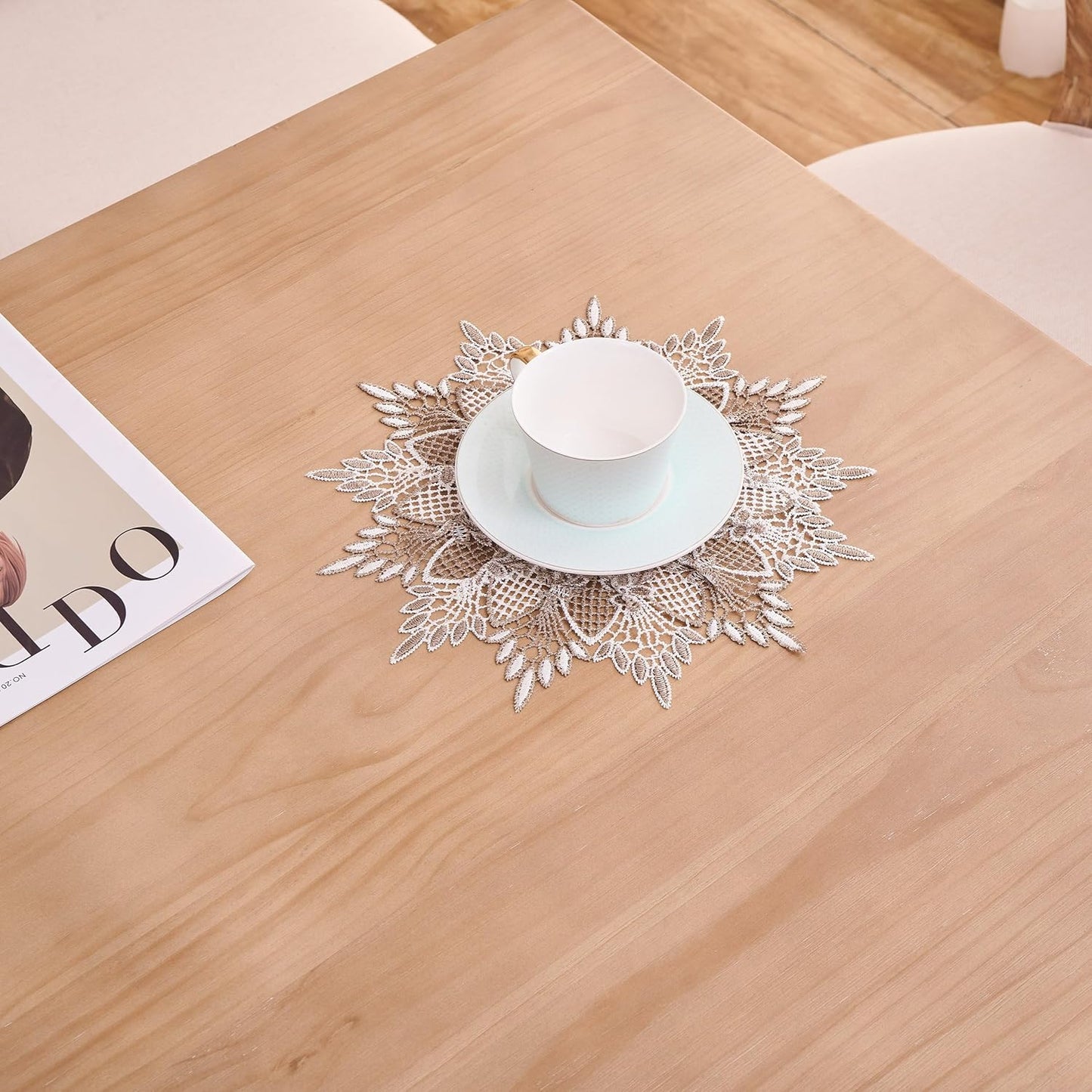 Tapete lino blanco redondo 11pulg neutro beige mesa café
