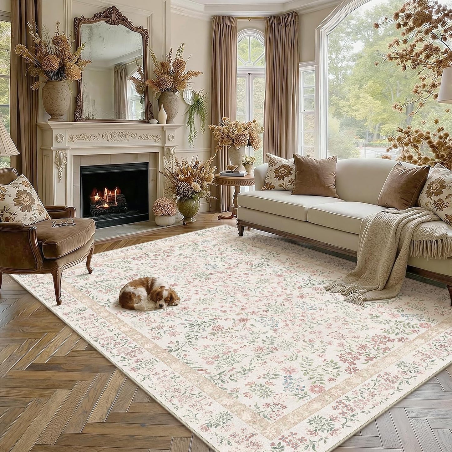 Alfombra área floral rosa 8x10ft sala suave antideslizante