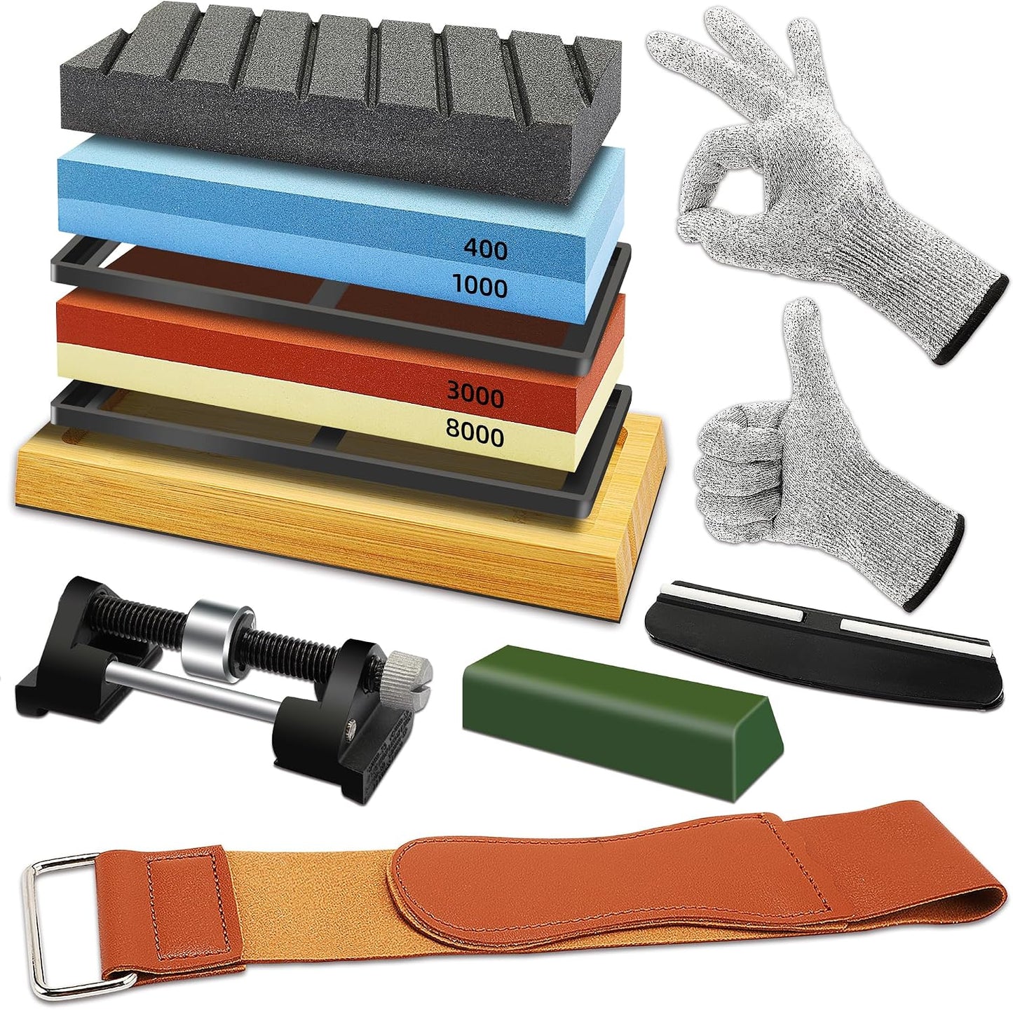 Kit piedra afilar cuchillos bambú trampa cuero