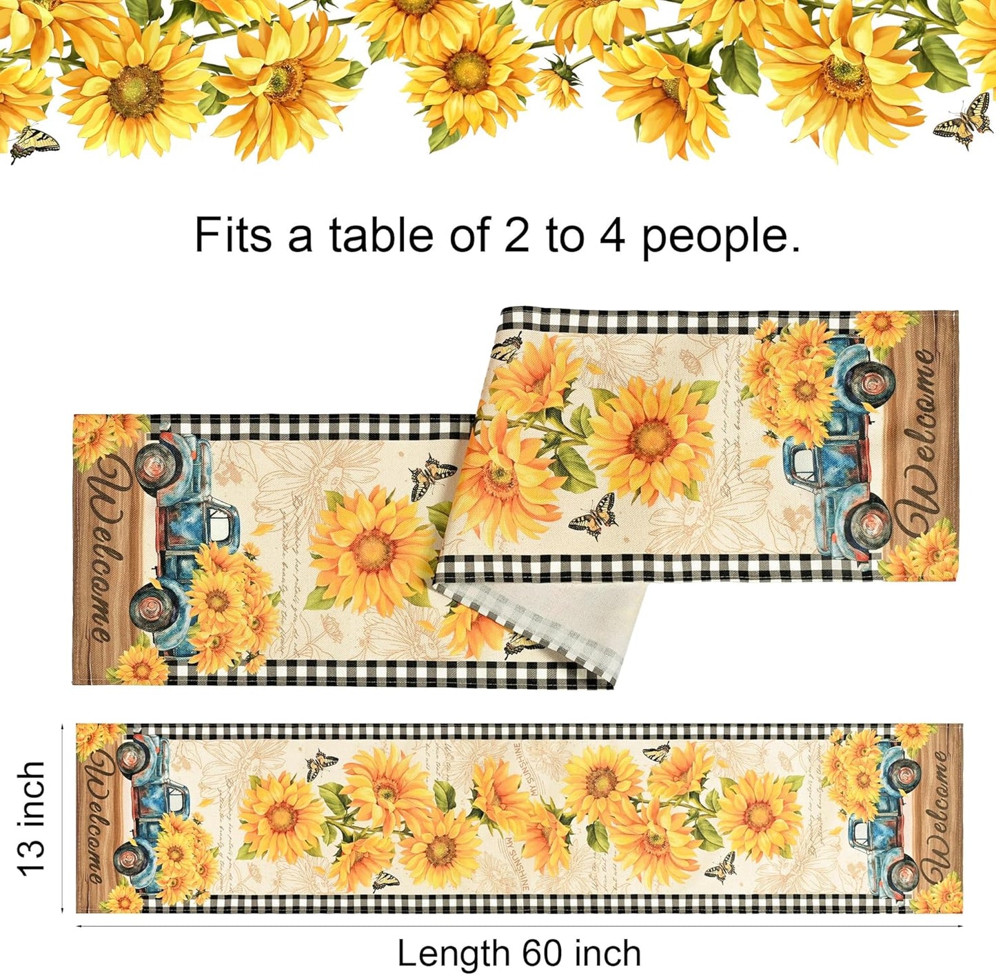 Camino de mesa primavera de 60 pulgadas con girasol y camión vintage