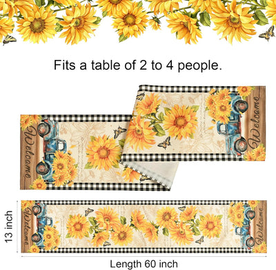 Camino de mesa primavera de 60 pulgadas con girasol y camión vintage