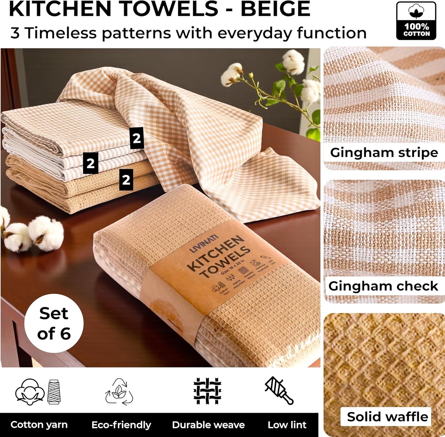 Set 6 Toallas Algodón Absorbentes Beige A Rayas 18x28pulg