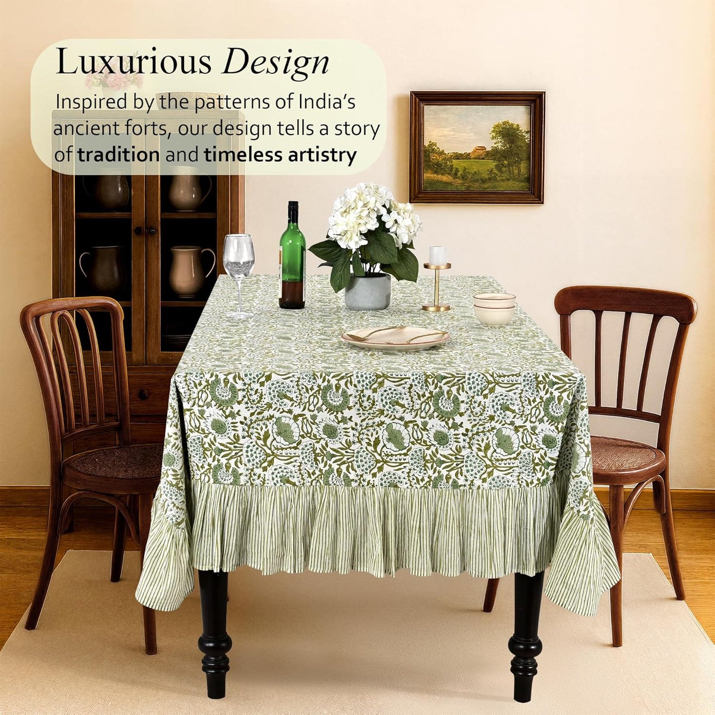 Mantel rectangular 100% algodón estampado bloques verdes 120x60pulg