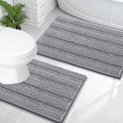 2 Pzas Alfombras Baño Chenille Absorbente 30x20 24x20 Gris Medio