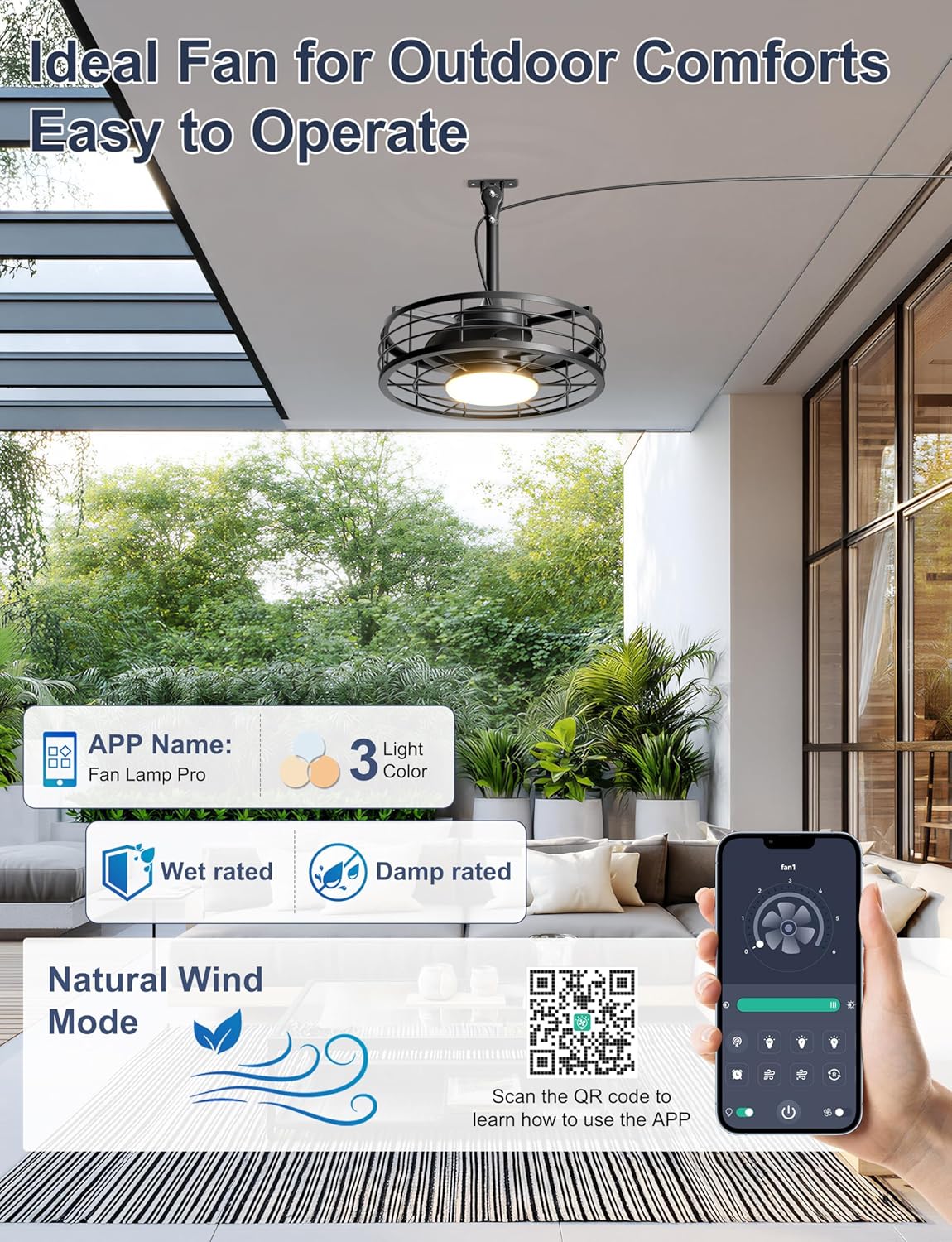 Ventilador techo exterior 16pulg luces control remoto negro