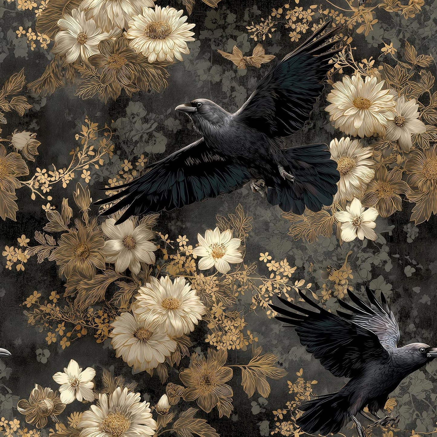 Papel tapiz autoadhesivo gótico cuervo flores doradas 17.7x118pulg