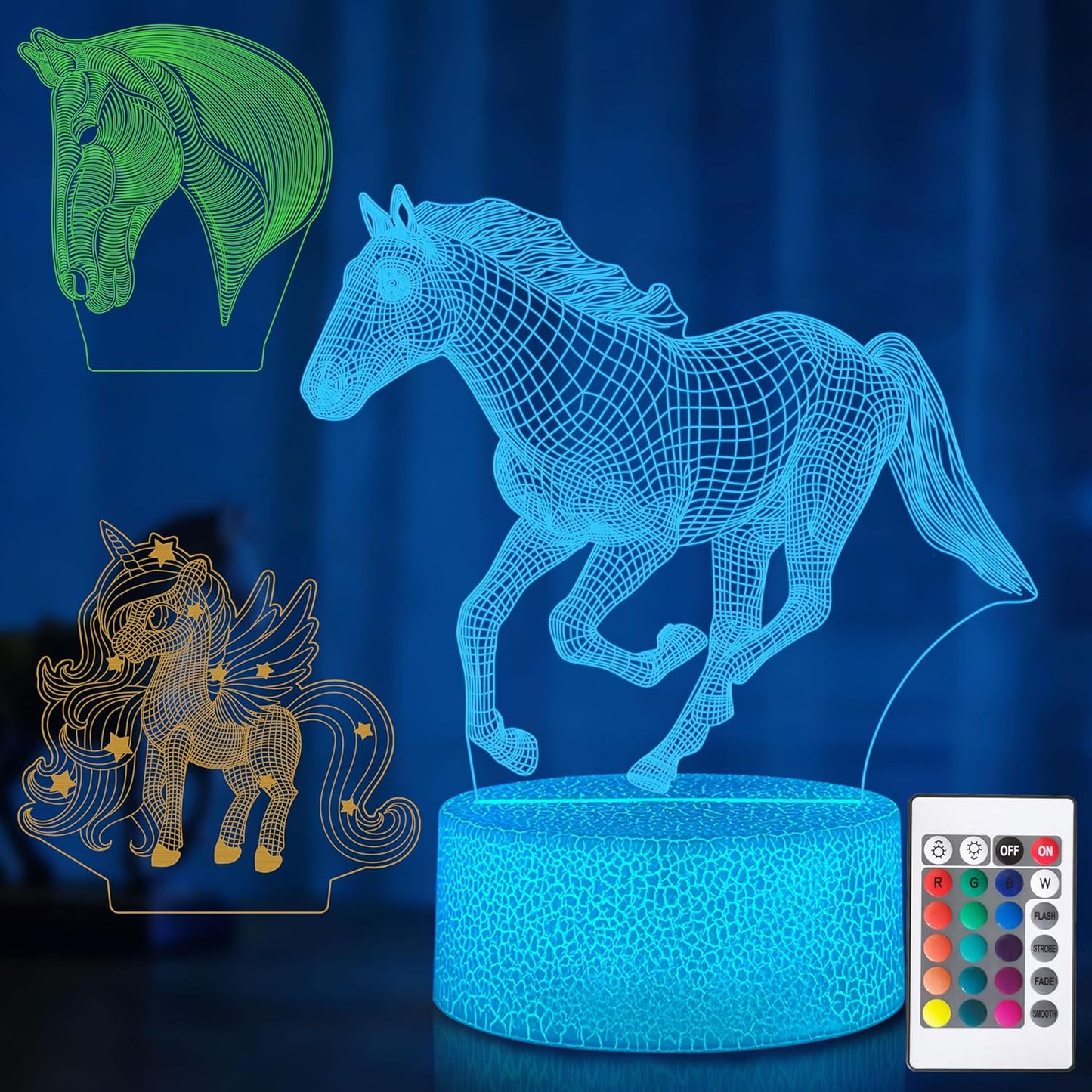Luz Nocturna Caballo 3D con Control Remoto 16 Colores RGB