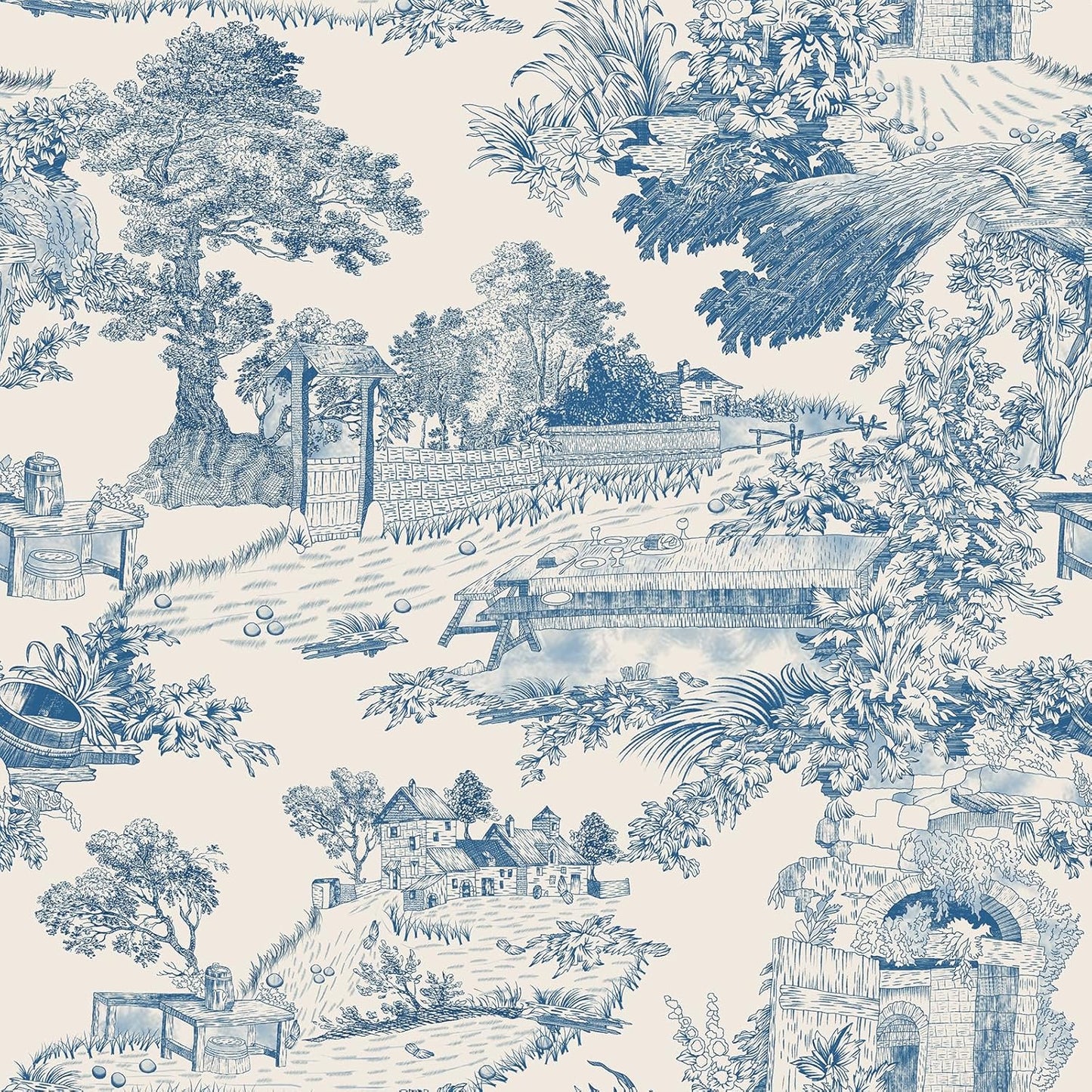 Papel tapiz campo francés beige/azul 17.7x393pulg