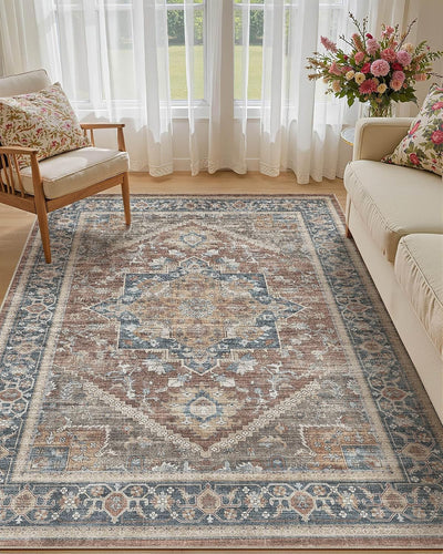 Alfombra Vintage 5x7pulg Lavable Antideslizante Rojo