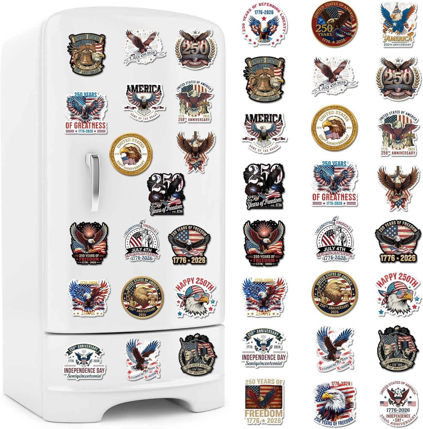 Juego de 24 imanes para nevera con motivo 250 aniversario Estados Unidos Águila