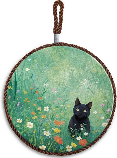 Salvamanteles cerámica gato negro con flores silvestres verdes para platos calientes