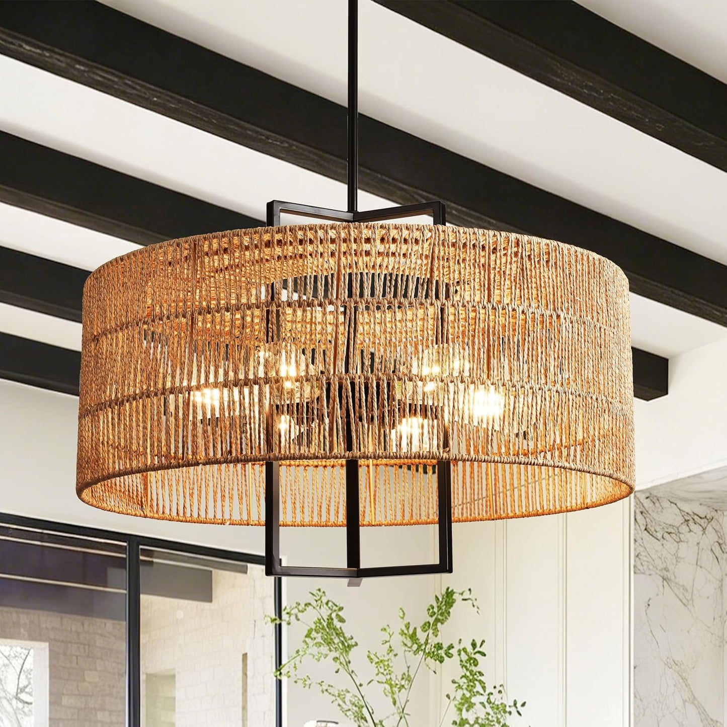 Lámpara colgante rattán 6 luces estilo boho comedor