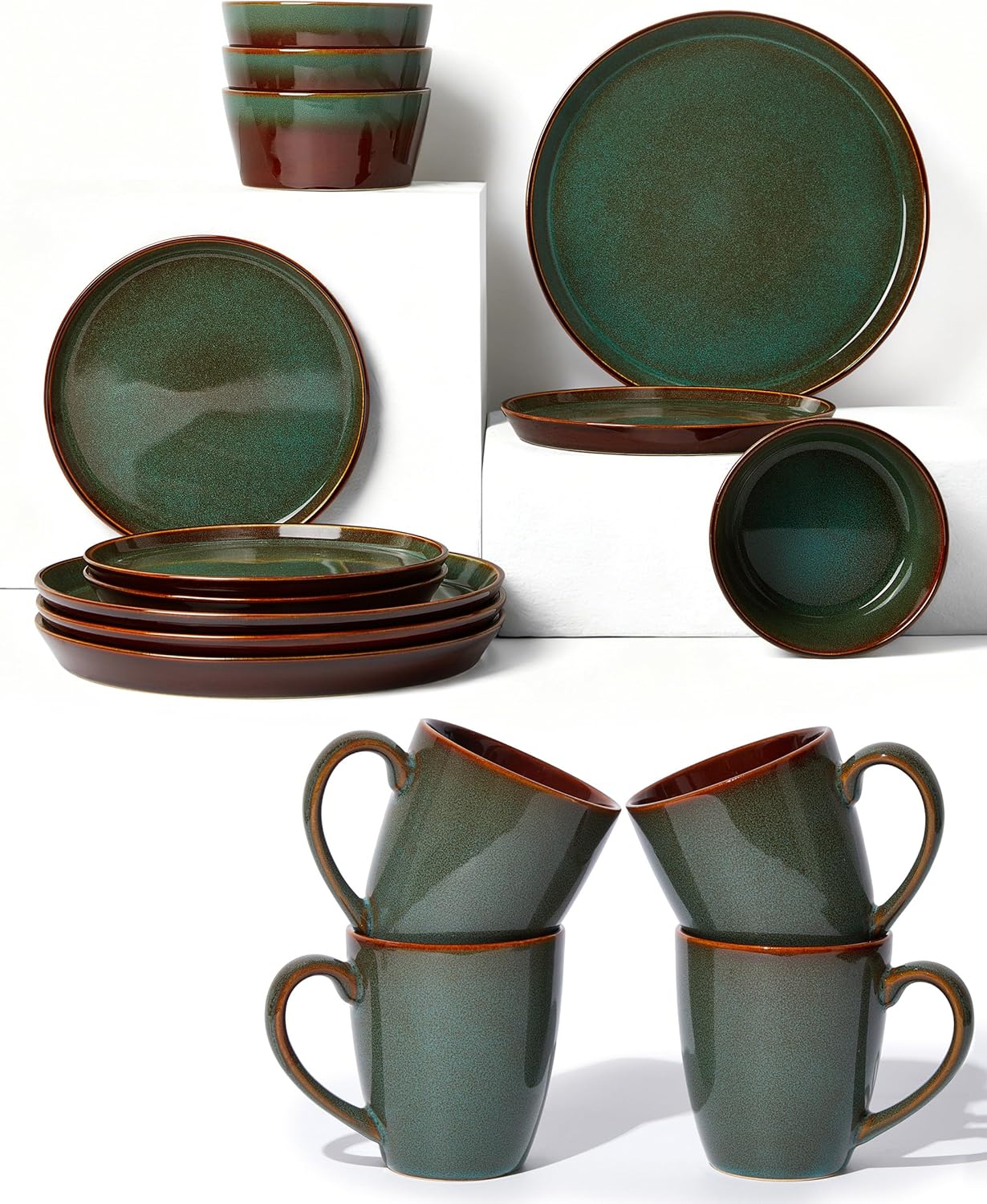 Set 16 Pzas Vajilla Taza Marrón y Verde