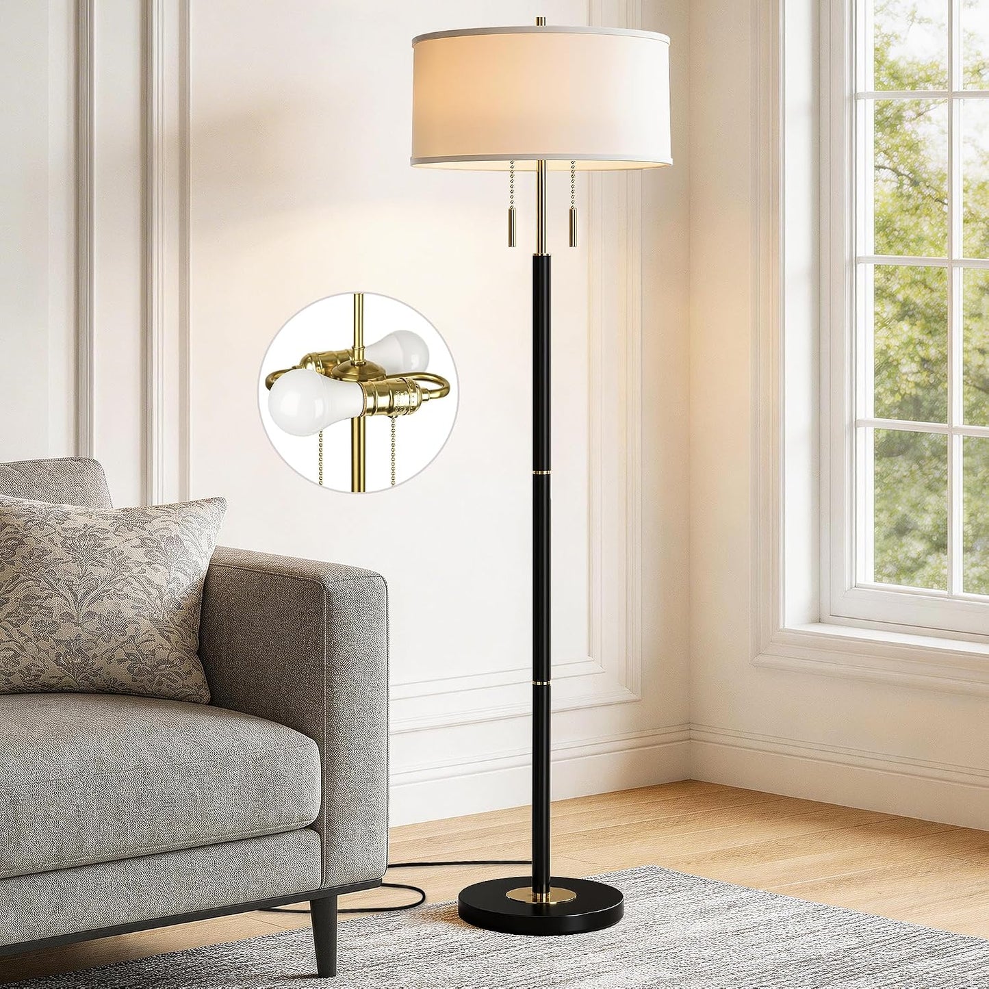 Lámpara pie moderna 2 luces tela interruptor cadena sala dormitorio