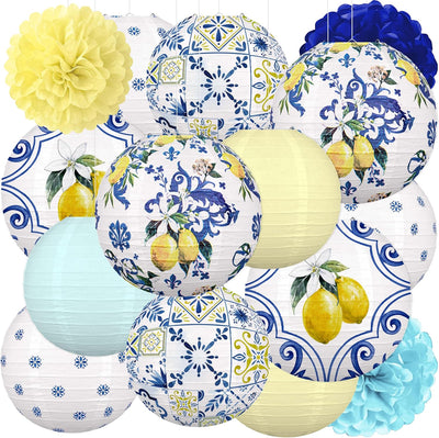 15 Linternas Papel Limón Fiesta Amalfi Capri Amarillo Azul