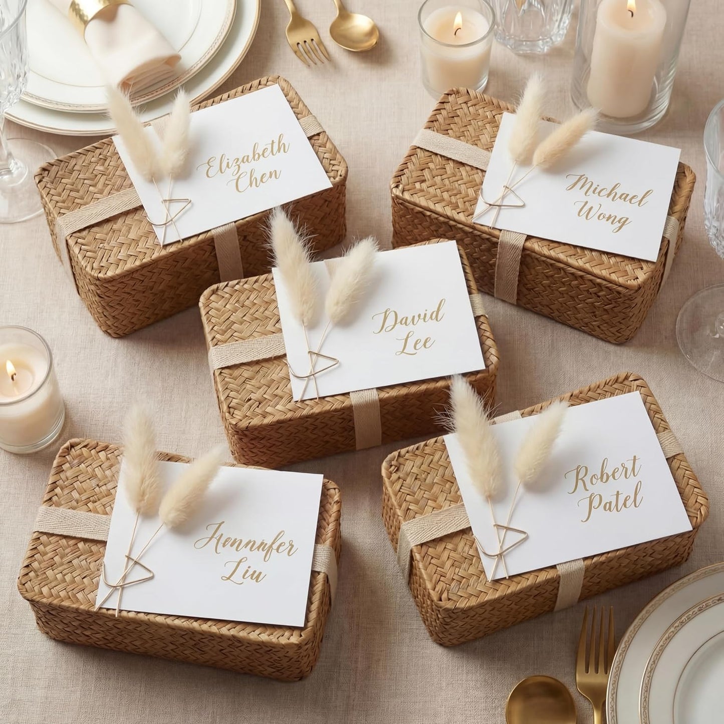 Paquete de 50 tarjetas de lugar de boda con cola de conejo y flores secas de pampas