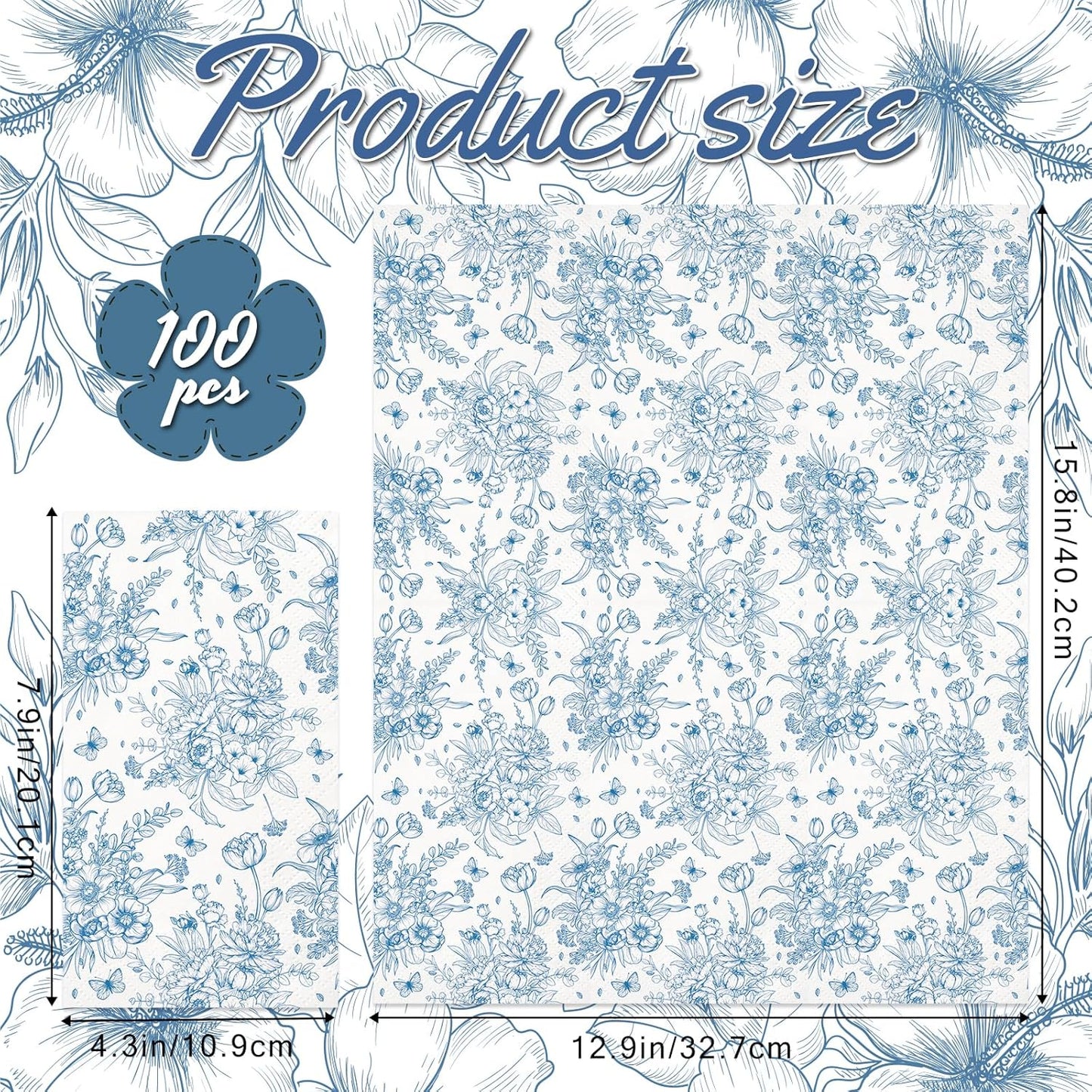 Paquete de 100 servilletas florales azules decorativas
