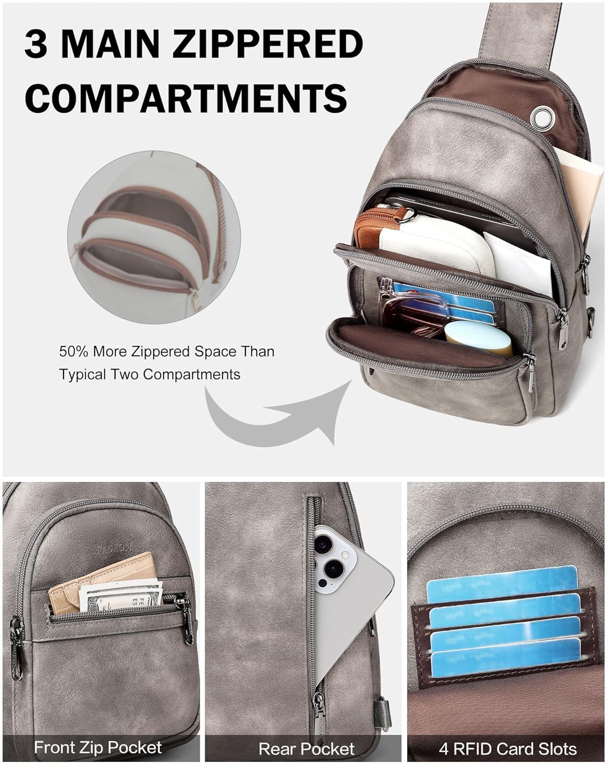 Bandolera mujer cuero vegano RFID cremallera retro gris