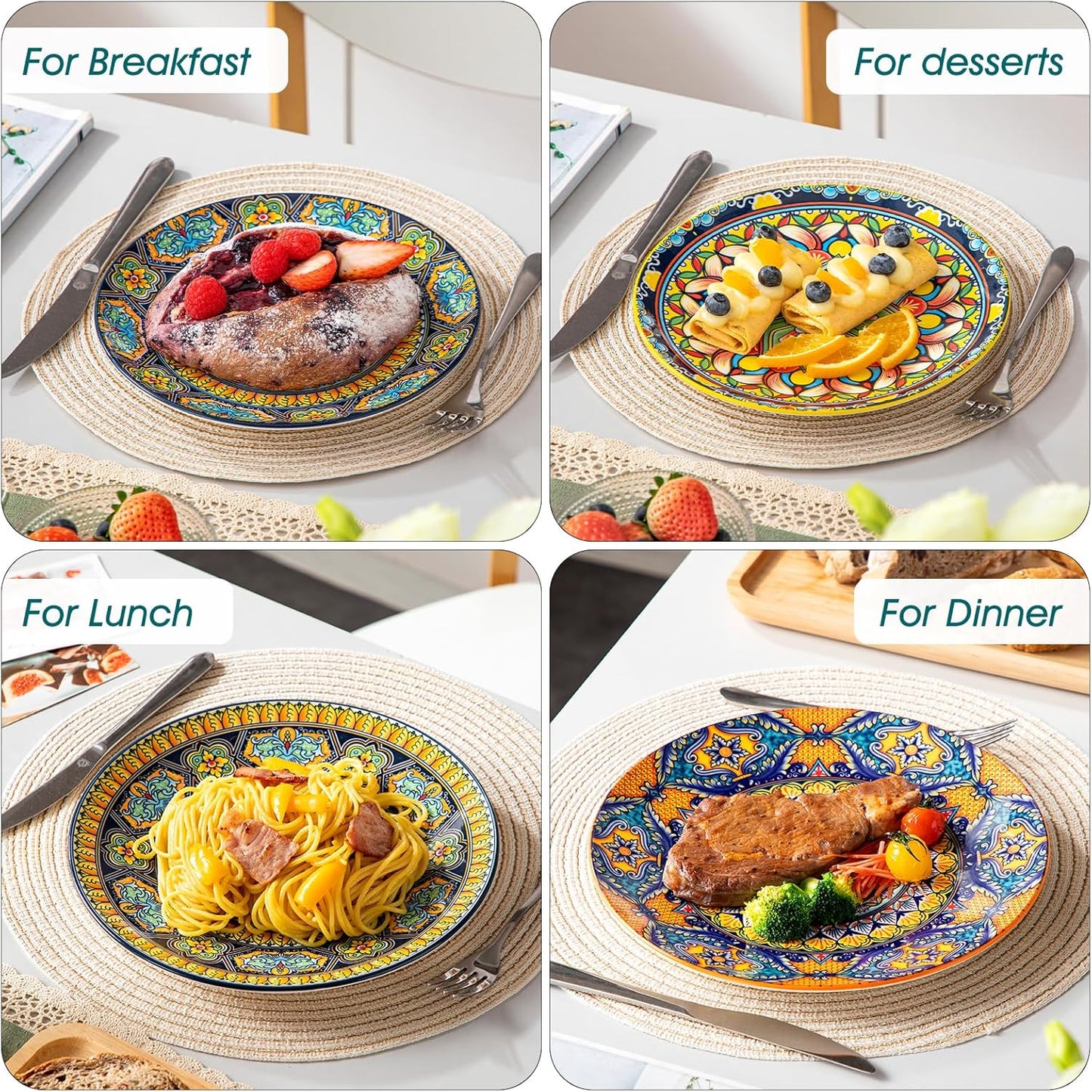 Set 6 Platos Postre Bohemios Cuencos Porcelana 32oz
