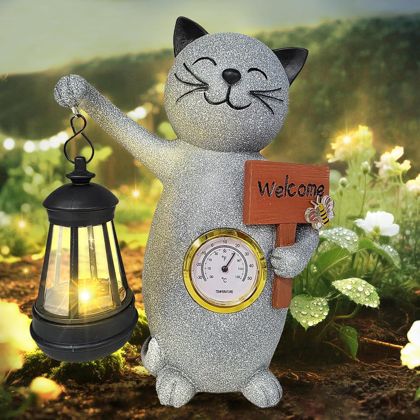 Estatuas solares gato jardín termómetro linterna decoración