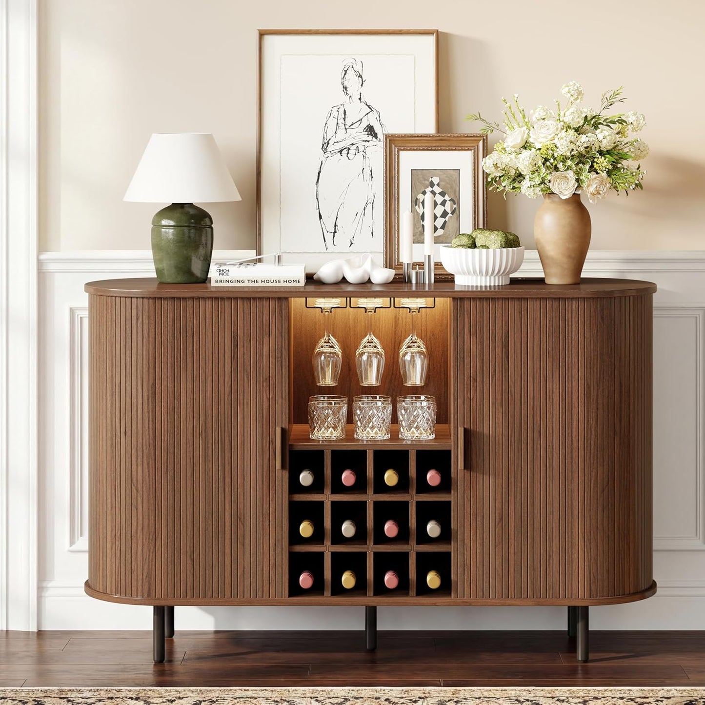 Gabinete vino 55pulg con luz LED y estación café moderna
