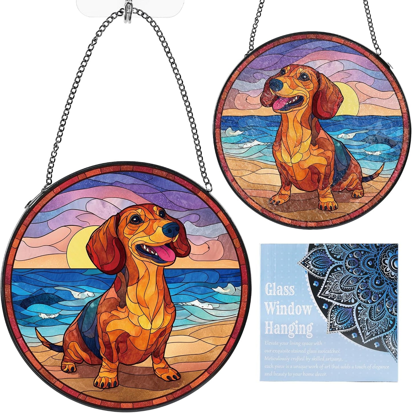Perro salchicha colgar ventana arte cristal cadena metal