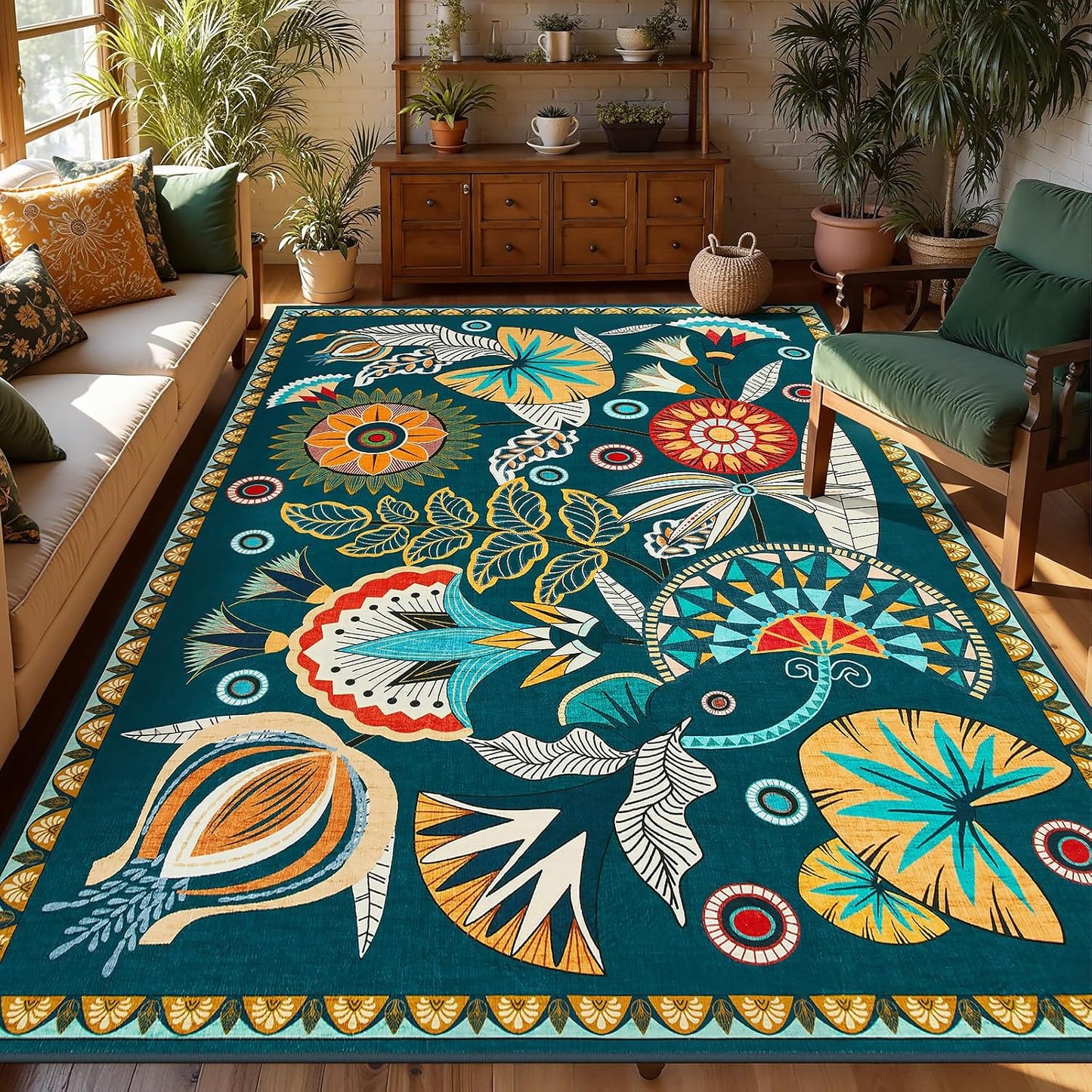 Alfombra egipcia bohemio floral 6x9ft sala dormitorio antiderrap