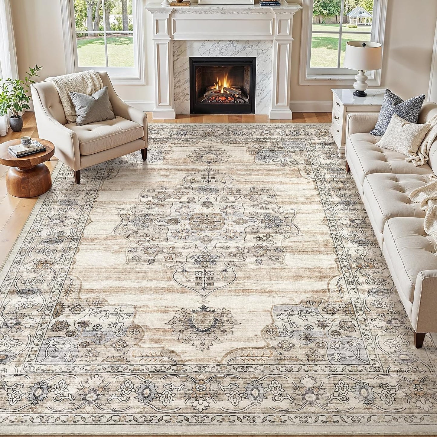 Alfombra lavable 8x10ft sala comedor pelo bajo antideslizante beige