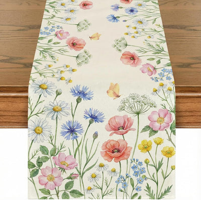 Camino de mesa floral de margaritas y mariposas en acuarela para comedor