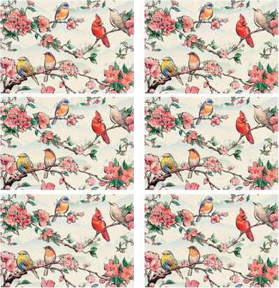 Juego de 6 manteles individuales de primavera con diseño acuarela flores pájaros cardenales