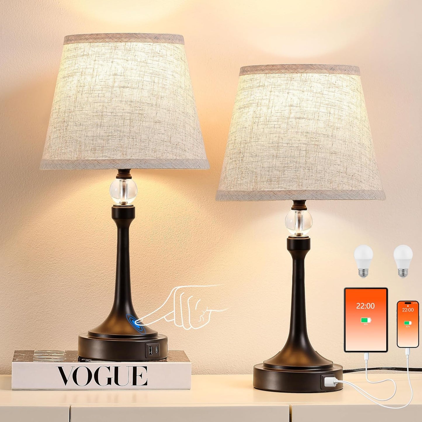 2 Lámparas Mesa Táctiles Regulables USB 19.7pulg