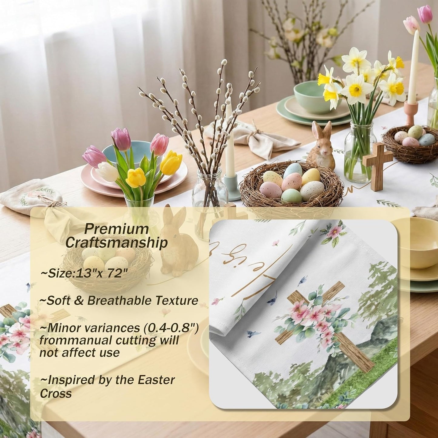 Camino de mesa Pascua 13 x 72 pulgadas cruz madera rústica diseño floral He is Risen decoración religiosa