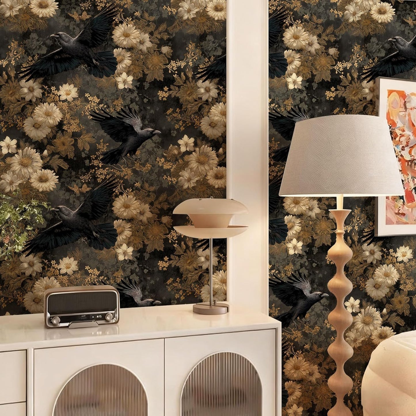 Papel tapiz autoadhesivo gótico cuervo flores doradas 17.7x118pulg