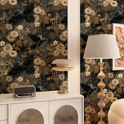 Papel tapiz autoadhesivo gótico cuervo flores doradas 17.7x118pulg