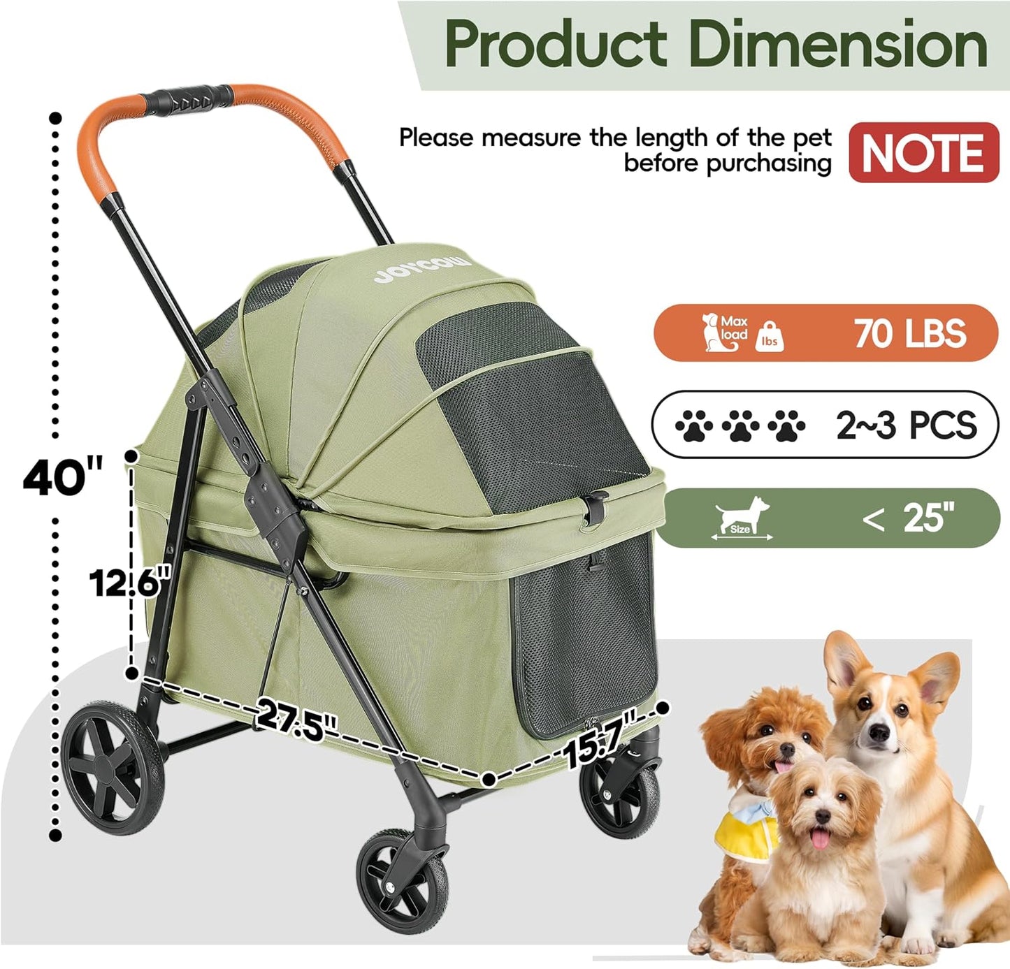 Cochecito perros 2 pequeños o 1 mediano tela Oxford 600D verde