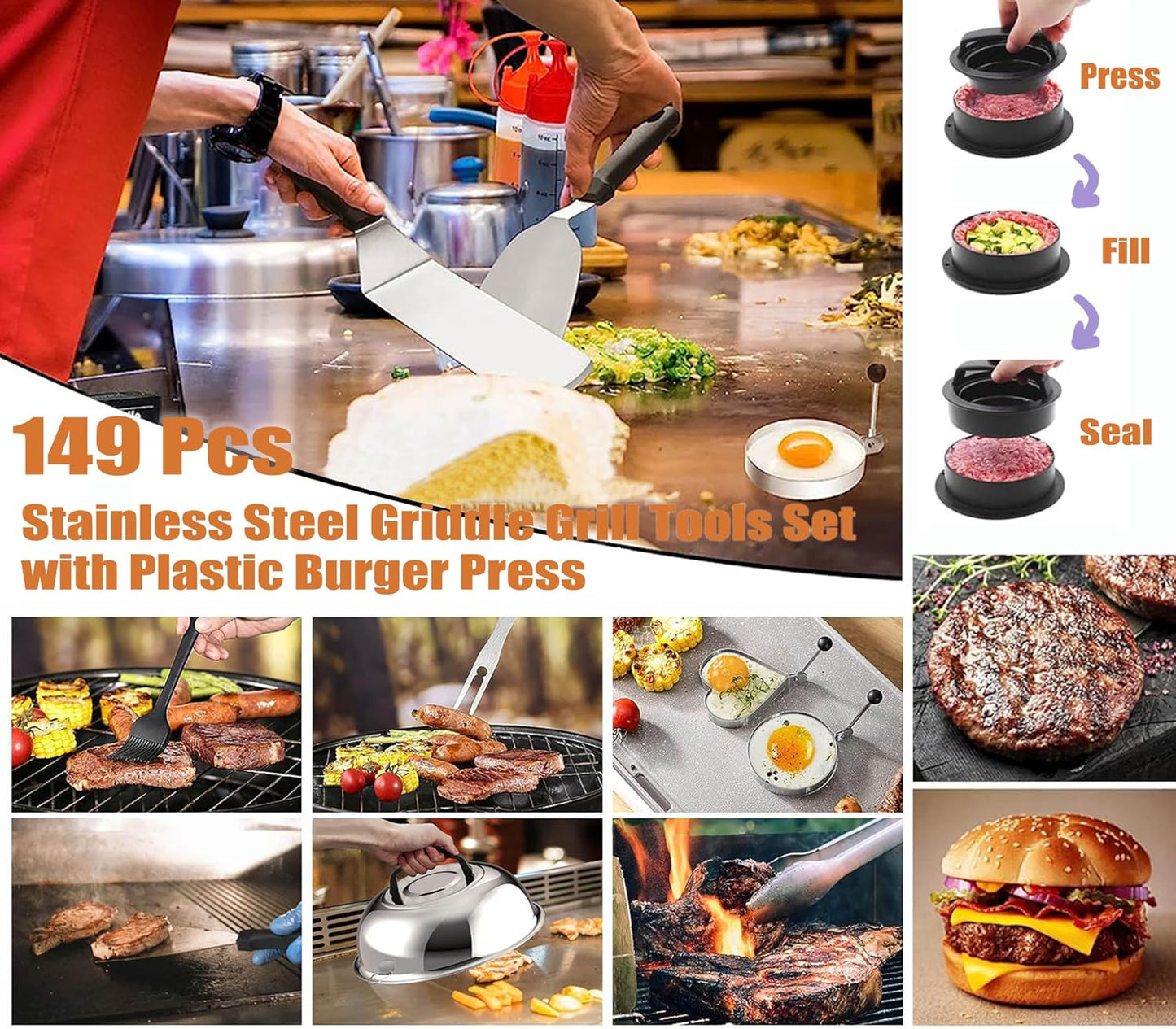 Set 149 herramientas parrilla acero inox para Blackstone y chef