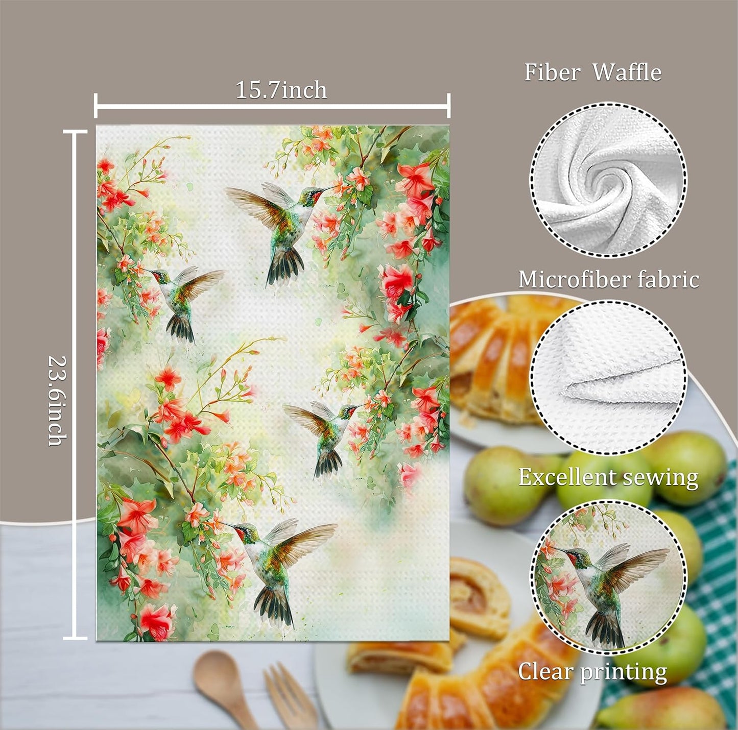 Toallas cocina florales colibrí acuarela pájaros absorbentes