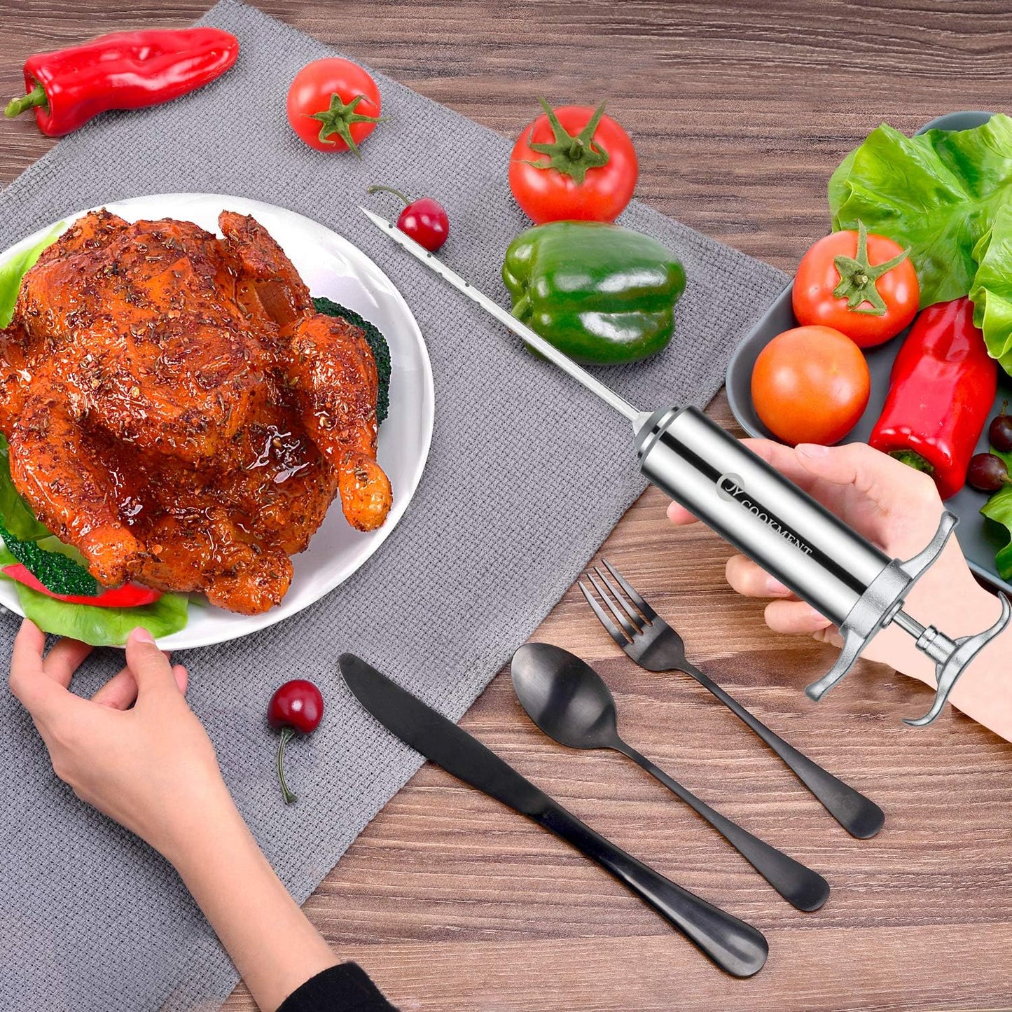 Jeringa carne acero inox 304 adobo 2oz con agujas y cepillos