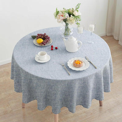 Mantel redondo lino teñido hilo 90pulg azul cambray