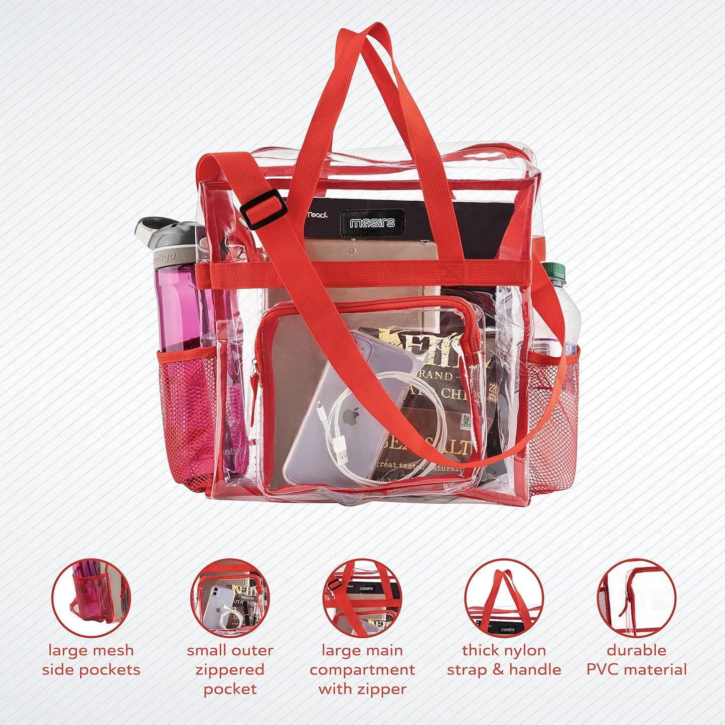 Bolsa mano transparente con bolsillos malla y cremallera